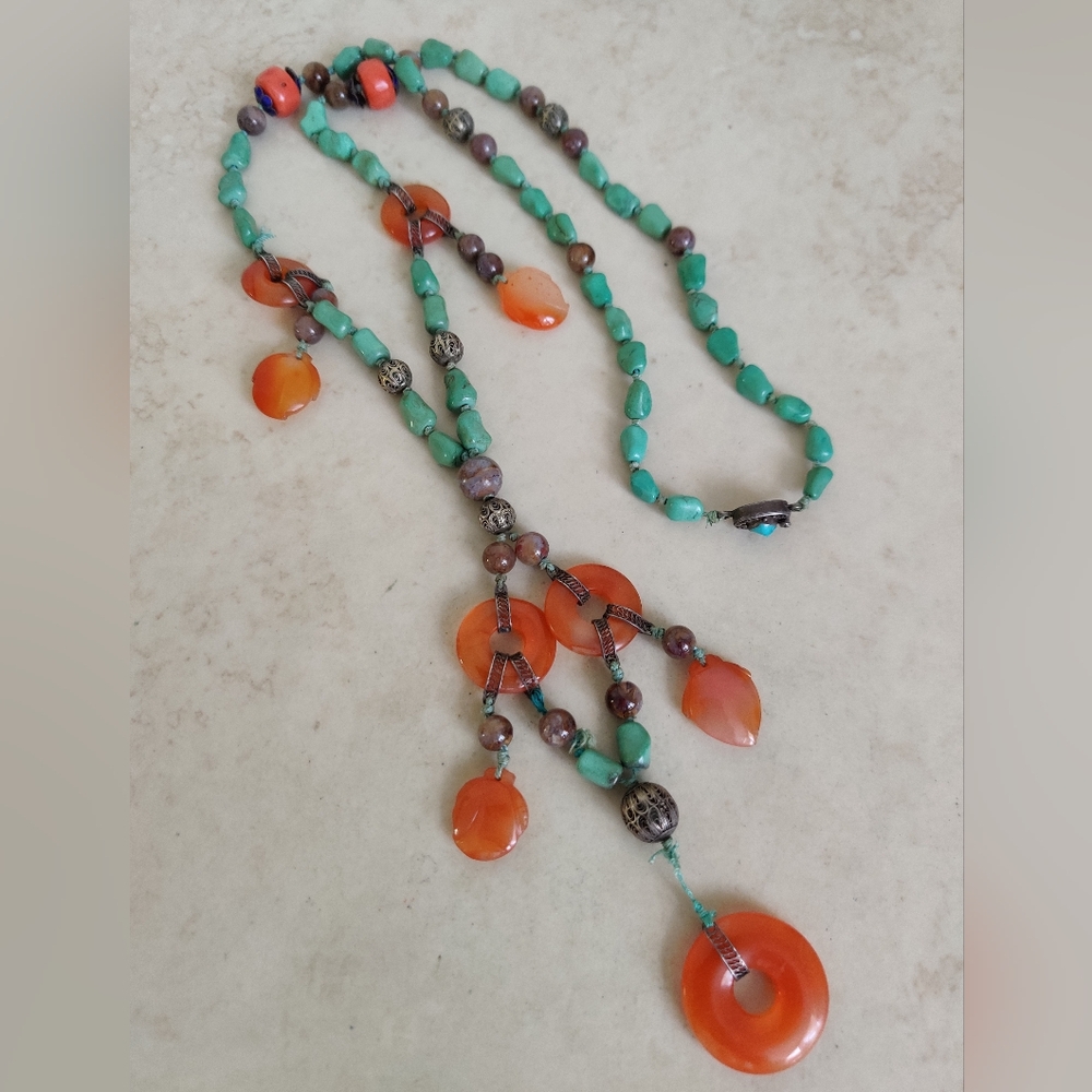 Antique Chinese Export Turquoise Carnelian Serpentine Coral Long Necklace
